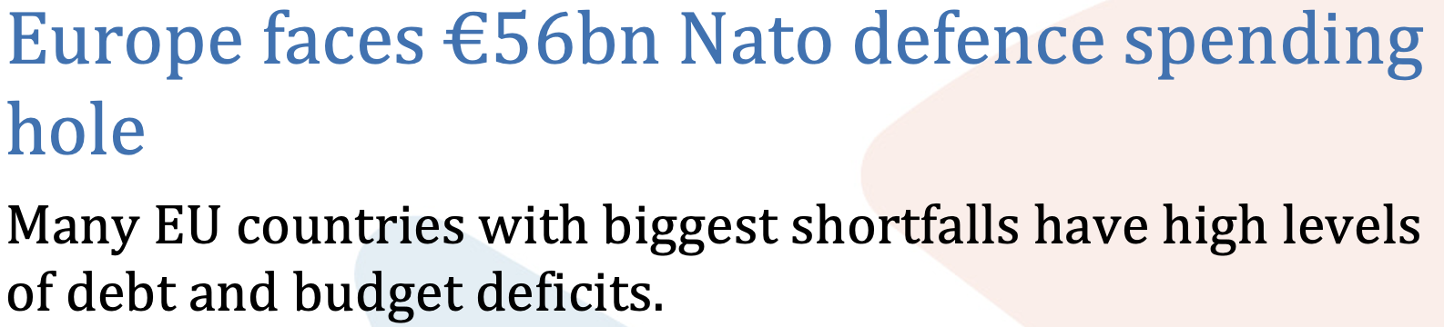 Titolo giornale FT che ricorda che l'Italia dovremmo investire 56 miliardi all’anno per rispettare gli accordi Nato